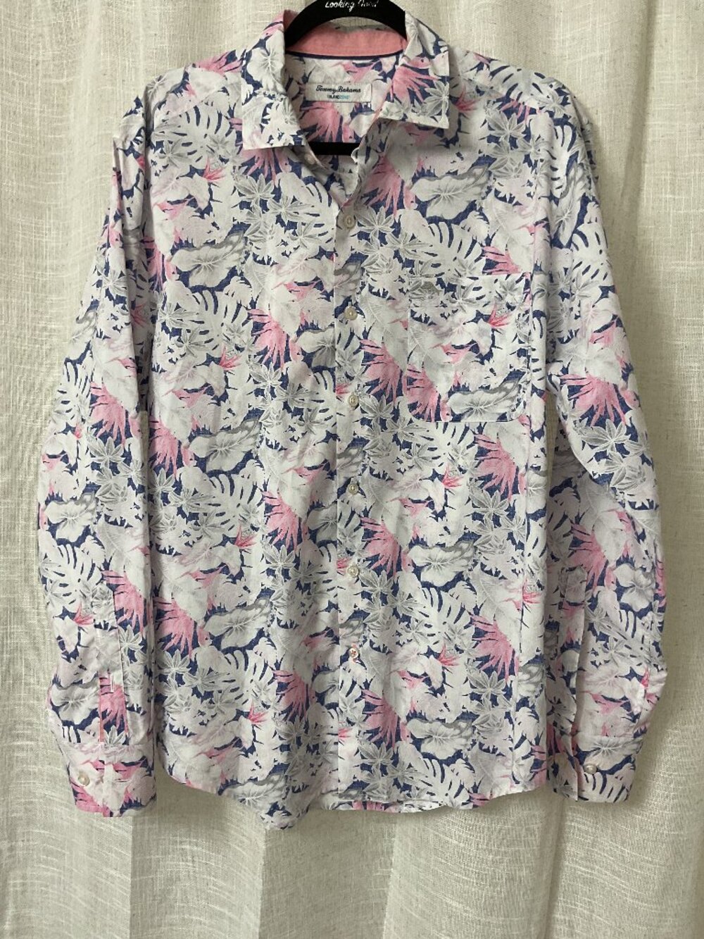 Tommy Bahama Men Sz M Shirt Long Sleeve Island Zone Button Front Pink Navy White